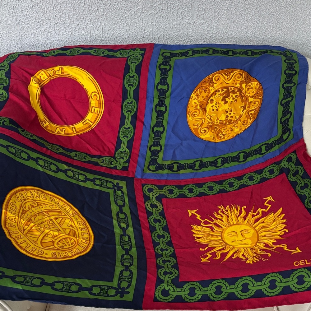 Celine Red and Blue Scarf with Gold Accents - Picture 1 of 8
